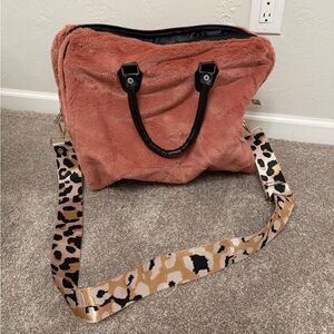 Faux Fur Tote Bag with Leopard Strap